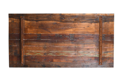 Reclaimed Indian Painted Teak Wood Trestle Table And Top, Supported By A Solid Blacksmith Made Heavyweight Trestle Pair