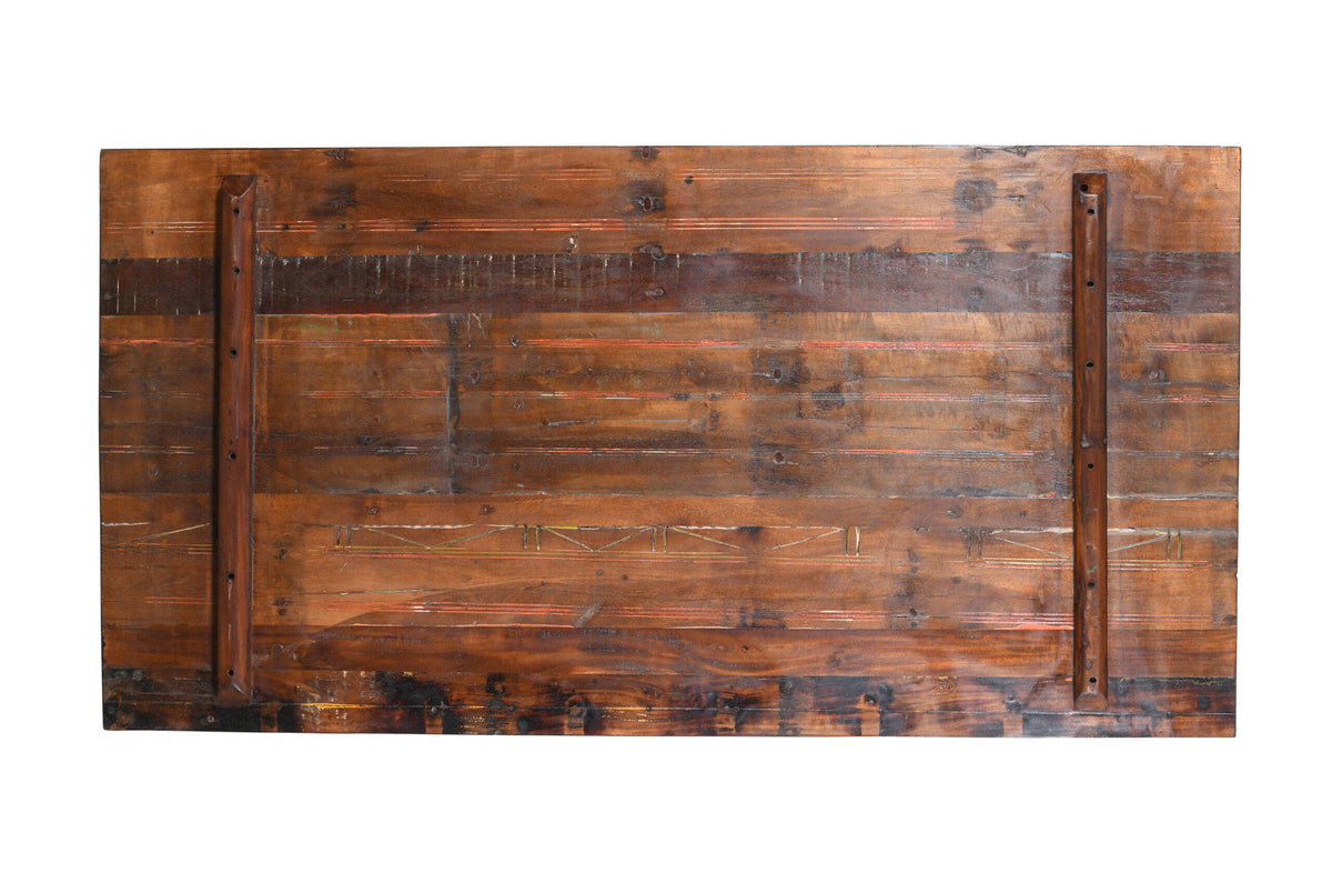 Reclaimed Indian Painted Teak Wood Trestle Table And Top, Supported By A Solid Blacksmith Made Heavyweight Trestle Pair
