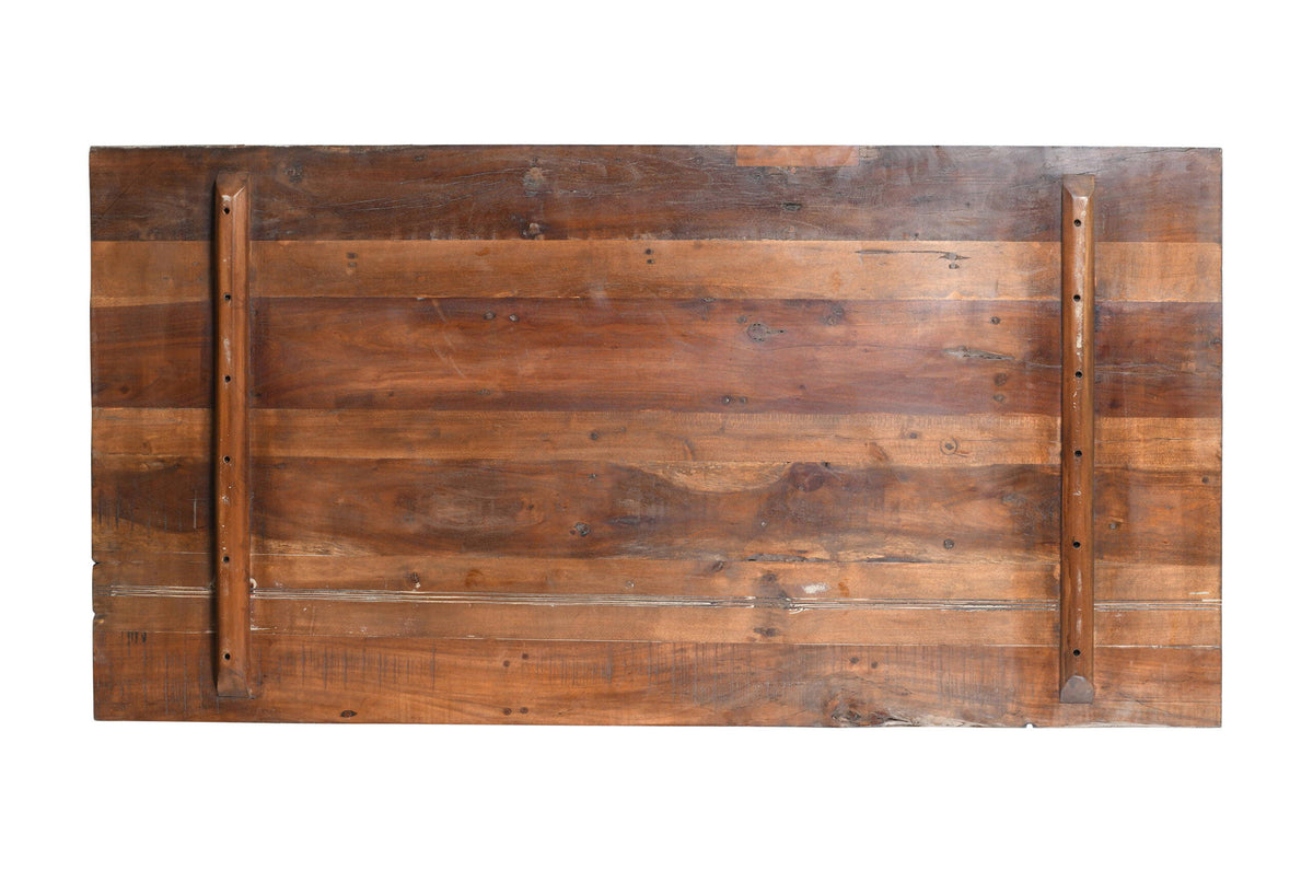 Reclaimed Indian Painted Teak Wood Trestle Table And Top, Supported By A Solid Blacksmith Made Heavyweight Trestle Pair
