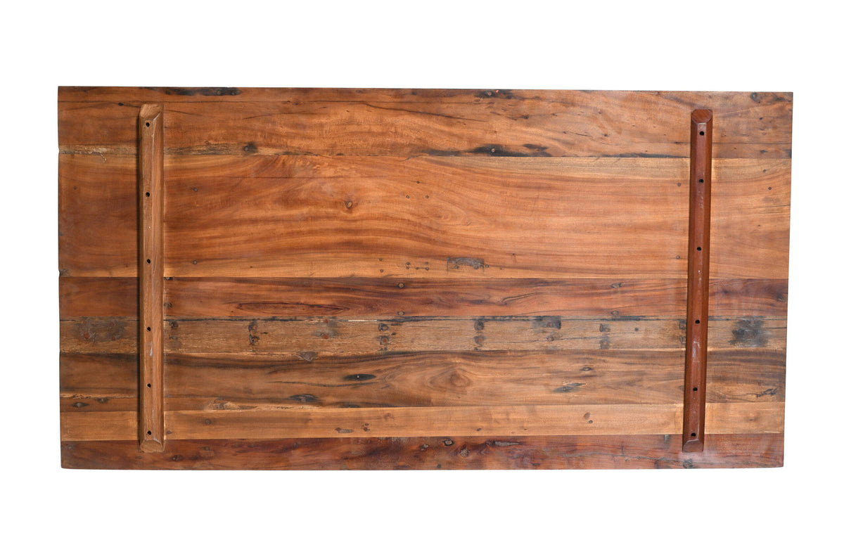 Reclaimed Indian Painted Teak Wood Trestle Table And Top, Supported By A Solid Blacksmith Made Heavyweight Trestle Pair
