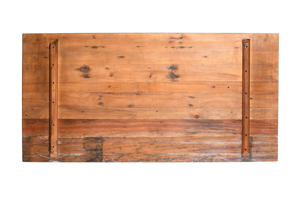 Reclaimed Indian Painted Teak Wood Trestle Table And Top, Supported By A Solid Blacksmith Made Heavyweight Trestle Pair