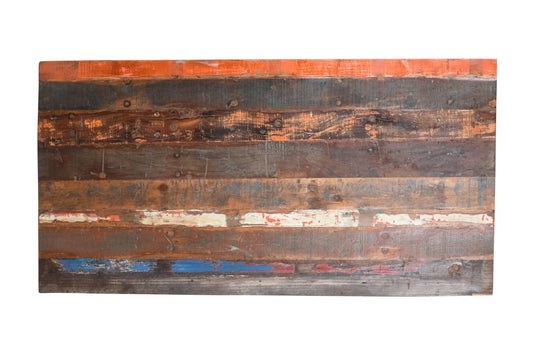 Reclaimed Indian Painted Teak Wood Trestle Table And Top, Supported By A Solid Blacksmith Made Heavyweight Trestle Pair