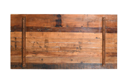 Reclaimed Indian Painted Teak Wood Trestle Table And Top, Supported By A Solid Blacksmith Made Heavyweight Trestle Pair
