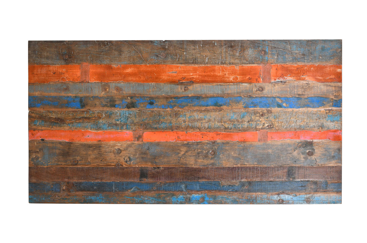 Reclaimed Indian Painted Teak Wood Trestle Table And Top, Supported By A Solid Blacksmith Made Heavyweight Trestle Pair