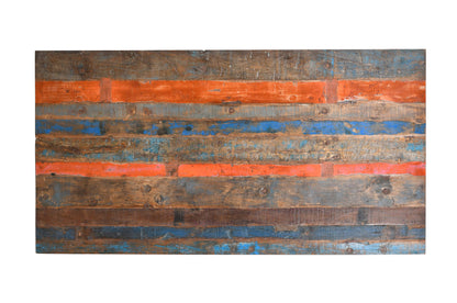 Reclaimed Indian Painted Teak Wood Trestle Table And Top, Supported By A Solid Blacksmith Made Heavyweight Trestle Pair