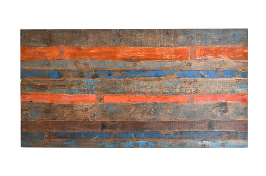 Reclaimed Indian Painted Teak Wood Trestle Table And Top, Supported By A Solid Blacksmith Made Heavyweight Trestle Pair