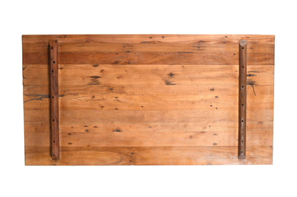 Reclaimed Indian Painted Teak Wood Trestle Table And Top, Supported By A Solid Blacksmith Made Heavyweight Trestle Pair