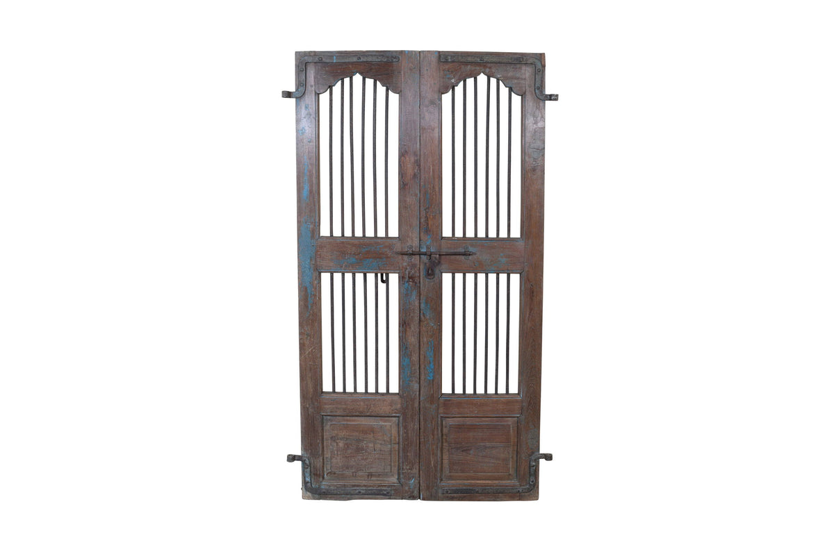 Antique Indian Painted Teak Wood Jali Door Garden Gate Pair