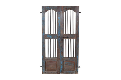 Antique Indian Painted Teak Wood Jali Door Garden Gate Pair