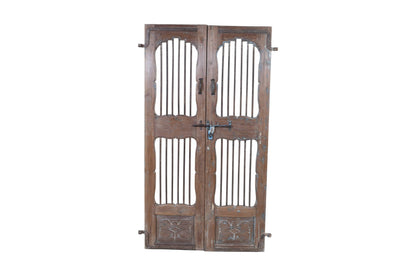Antique Indian Painted Teak Wood Jali Door Garden Gate Pair