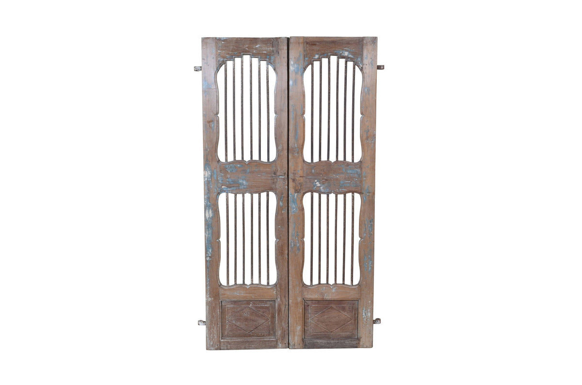 Antique Indian Painted Teak Wood Jali Door Garden Gate Pair