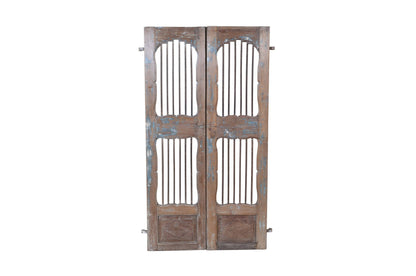 Antique Indian Painted Teak Wood Jali Door Garden Gate Pair