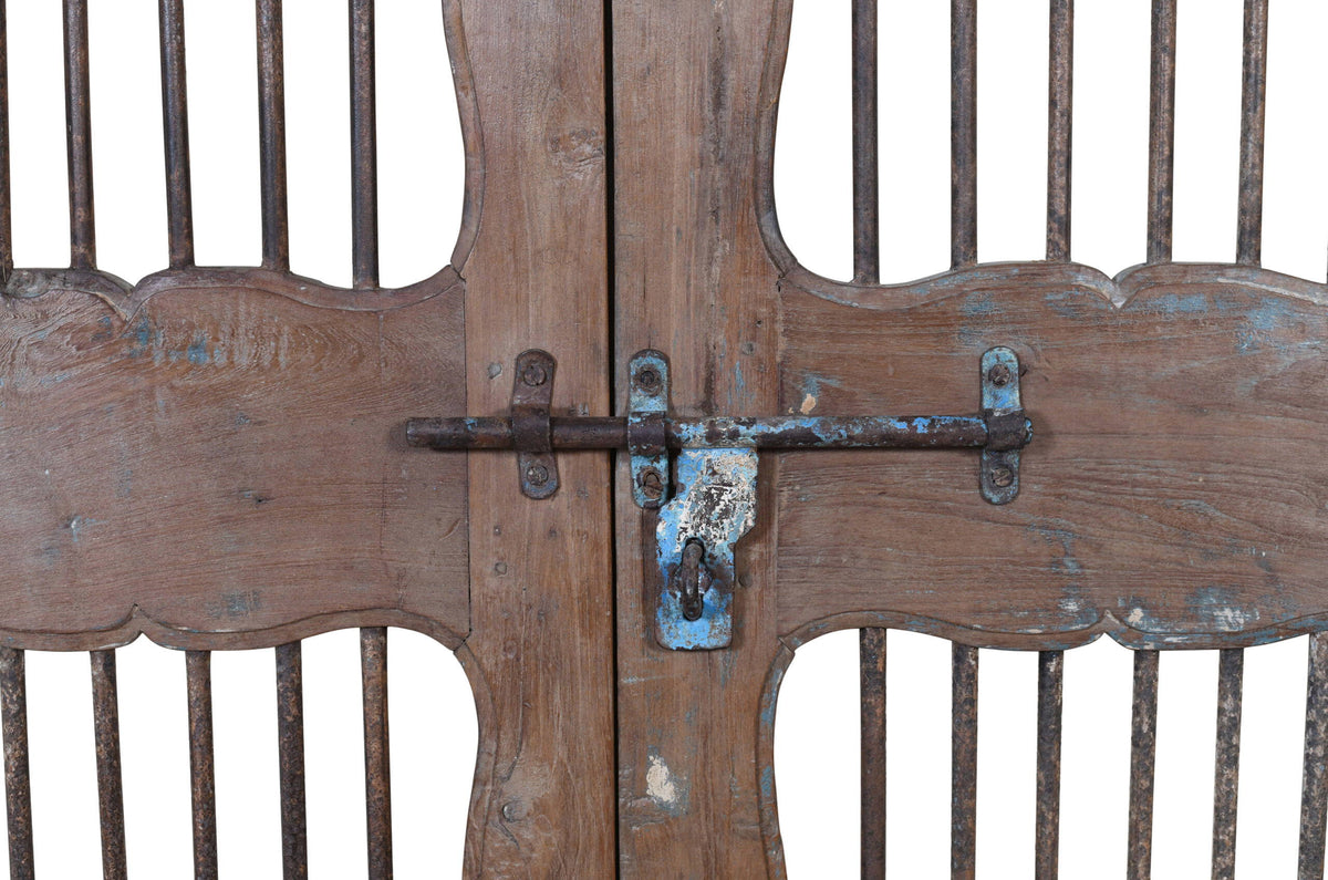 Antique Indian Painted Teak Wood Jali Door Garden Gate Pair