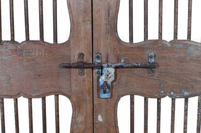 Antique Indian Painted Teak Wood Jali Door Garden Gate Pair