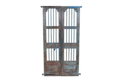 Antique Indian Painted Teak Wood Jali Door Garden Gate Pair