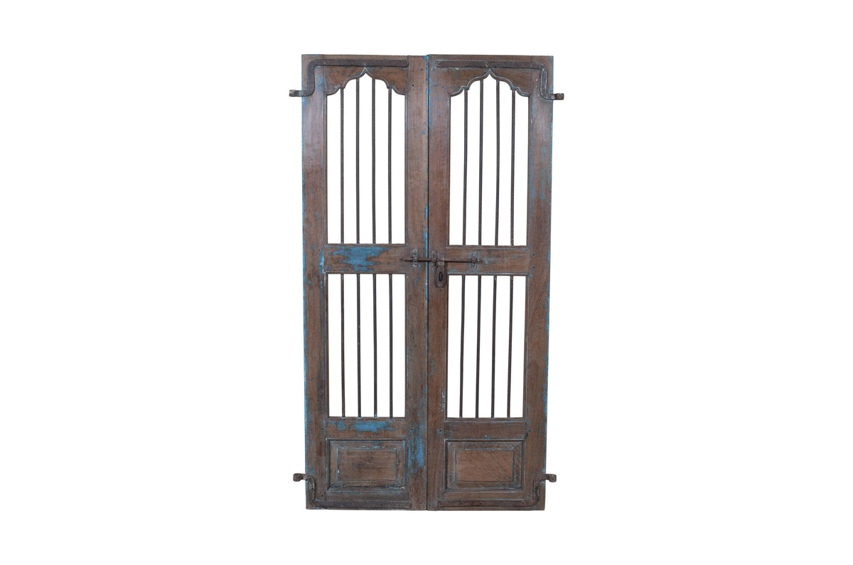 Antique Indian Painted Teak Wood Jali Door Garden Gate Pair