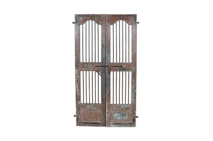 Antique Indian Painted Teak Wood Jali Door Garden Gate Pair