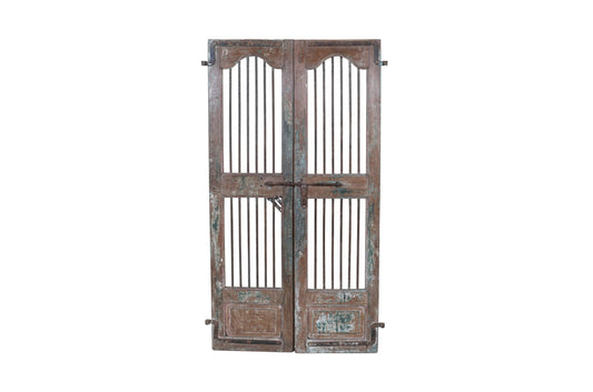 Antique Indian Painted Teak Wood Jali Door Garden Gate Pair