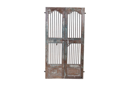 Antique Indian Painted Teak Wood Jali Door Garden Gate Pair
