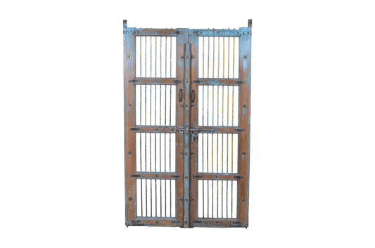 Antique Indian Painted Teak Wood Jali Door Garden Gate Pair