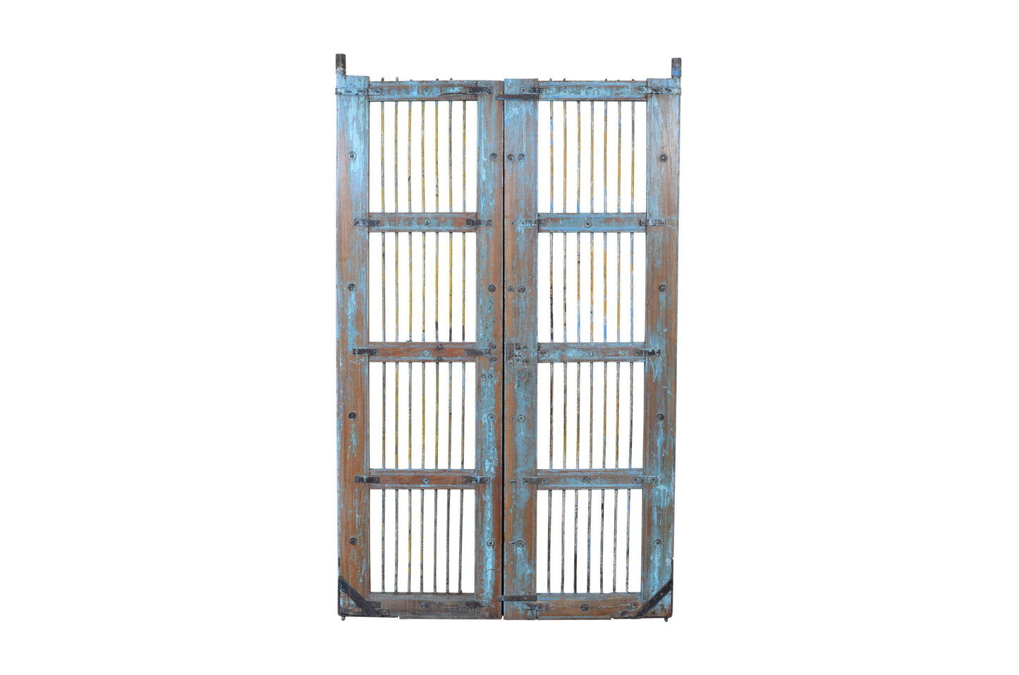 Antique Indian Painted Teak Wood Jali Door Garden Gate Pair