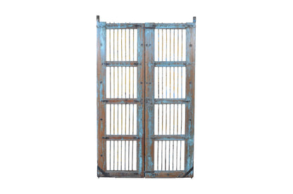 Antique Indian Painted Teak Wood Jali Door Garden Gate Pair