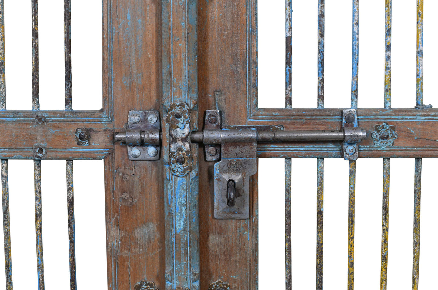 Antique Indian Painted Teak Wood Jali Door Garden Gate Pair