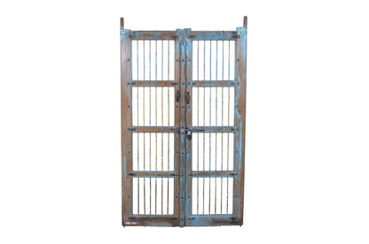 Antique Indian Painted Teak Wood Jali Door Garden Gate Pair