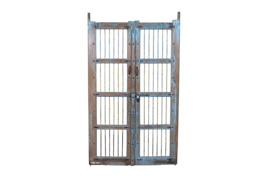 Antique Indian Painted Teak Wood Jali Door Garden Gate Pair