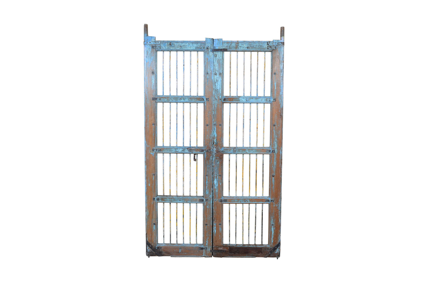 Antique Indian Painted Teak Wood Jali Door Garden Gate Pair