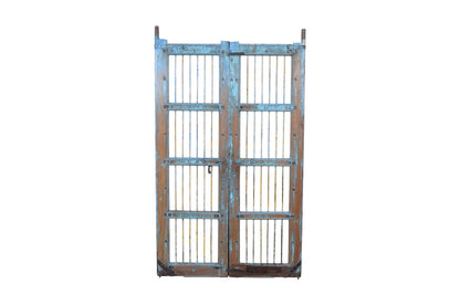 Antique Indian Painted Teak Wood Jali Door Garden Gate Pair
