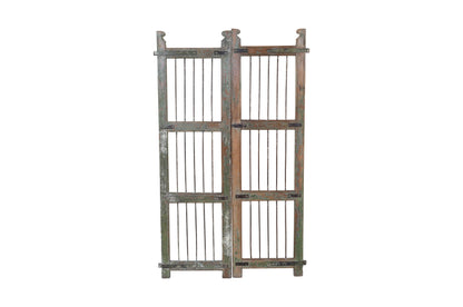 Antique Indian Painted Teak Wood Jali Door Garden Gate Pair