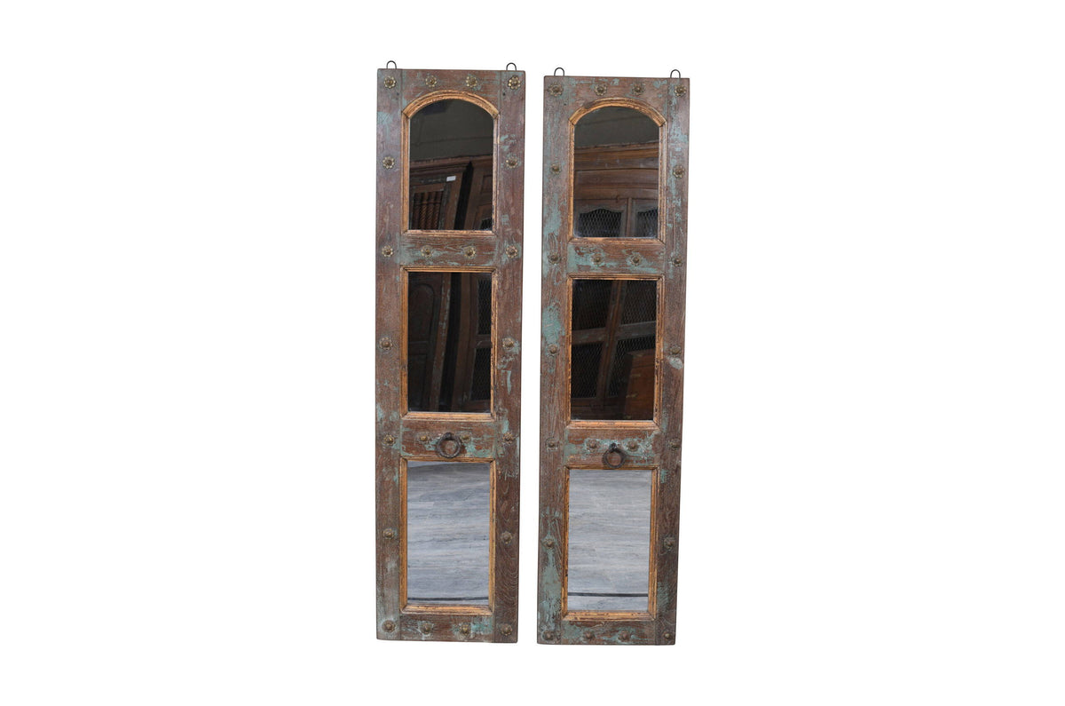Antique Indian Painted Teak Wood Jali Door Mirror Garden Or Home