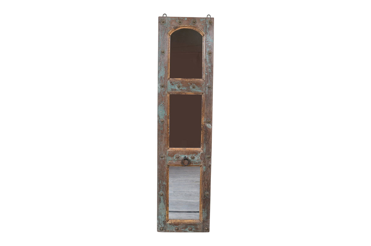 Antique Indian Painted Teak Wood Jali Door Mirror Garden Or Home