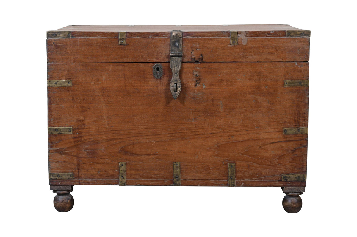 Antique Indian Teak Wood Travel Chest Or Coffee Table