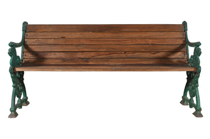 Matching Pair Of Antique Indian Cast Iron And Teak Wood Garden Benches In The Form Of A Dragon