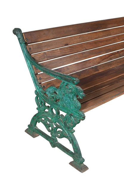 Matching Pair Of Antique Indian Cast Iron And Teak Wood Garden Benches In The Form Of A Dragon