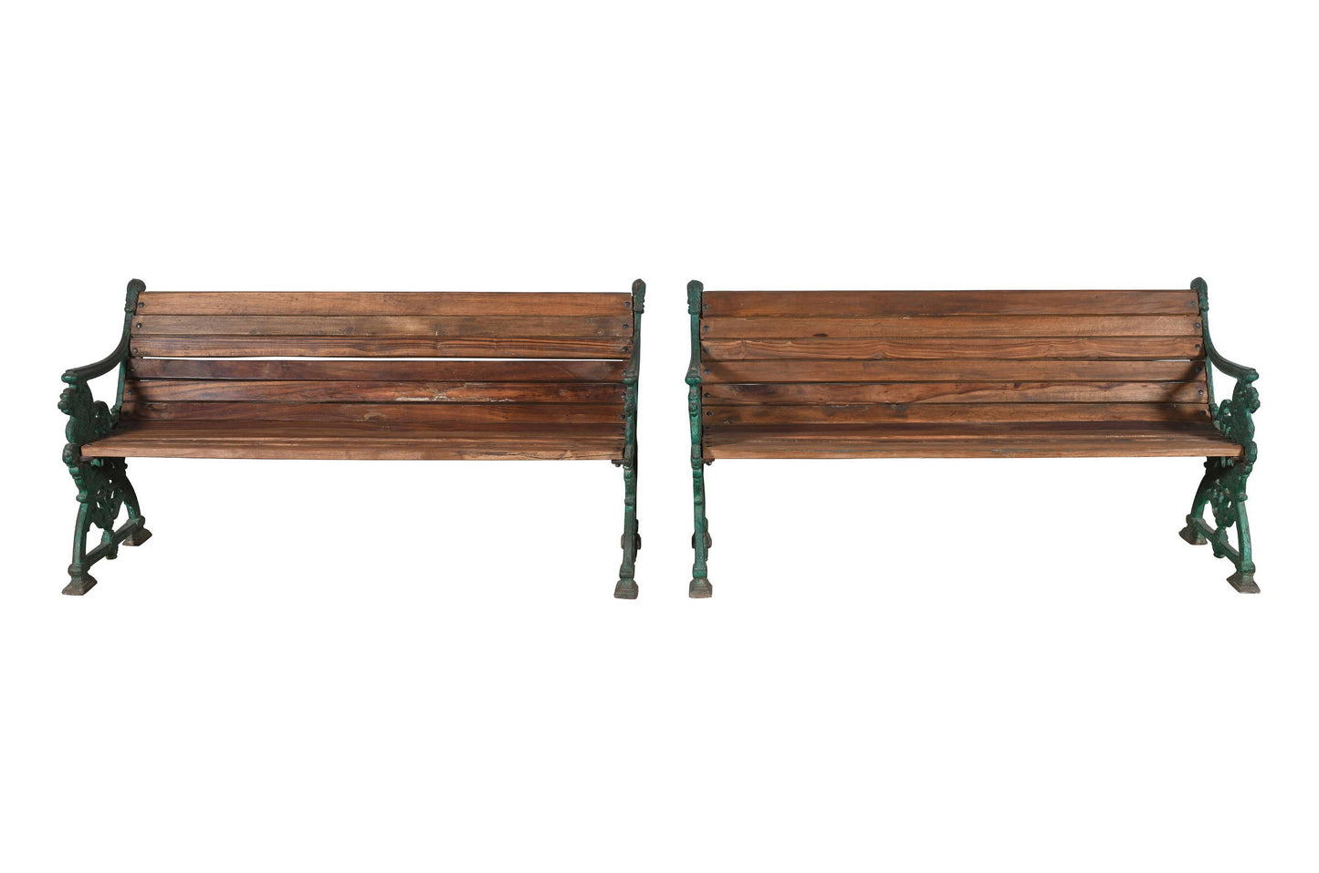 Matching Pair Of Antique Indian Cast Iron And Teak Wood Garden Benches In The Form Of A Dragon