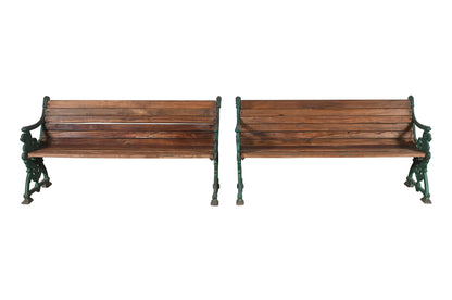 Matching Pair Of Antique Indian Cast Iron And Teak Wood Garden Benches In The Form Of A Dragon