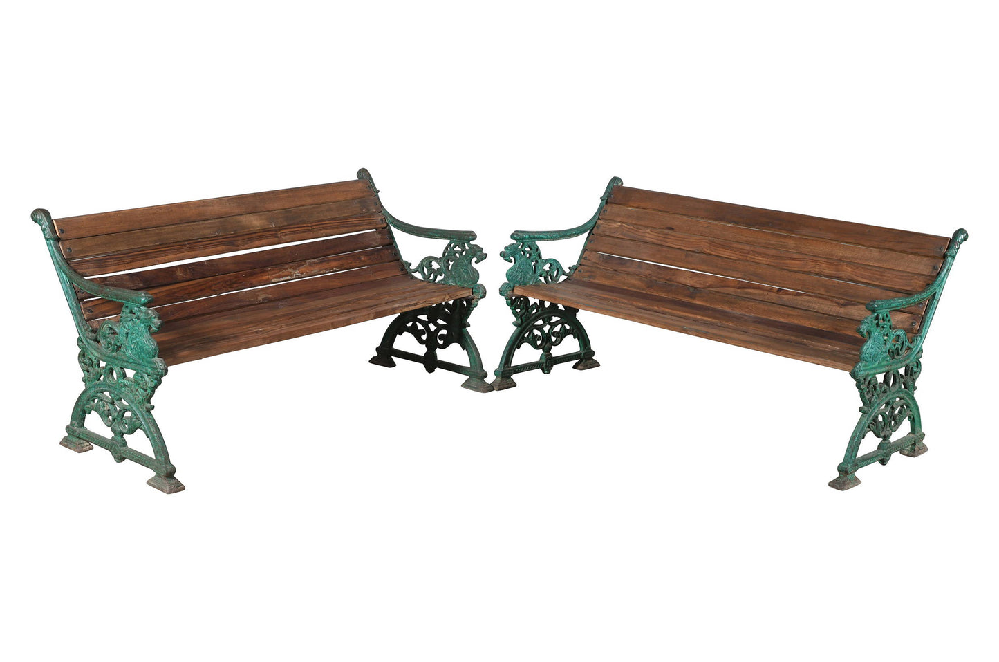 Matching Pair Of Antique Indian Cast Iron And Teak Wood Garden Benches In The Form Of A Dragon