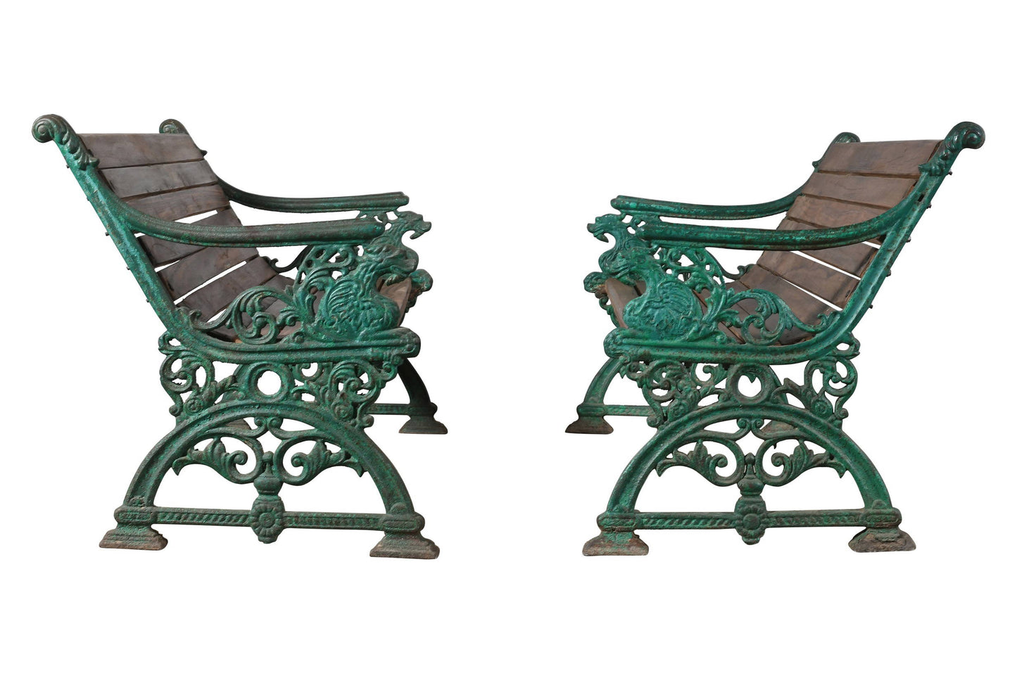 Matching Pair Of Antique Indian Cast Iron And Teak Wood Garden Benches In The Form Of A Dragon