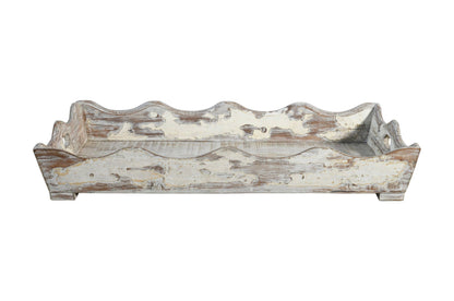 Antique Indian Large Teak Wood Serving Tray With Lime Wash Finish