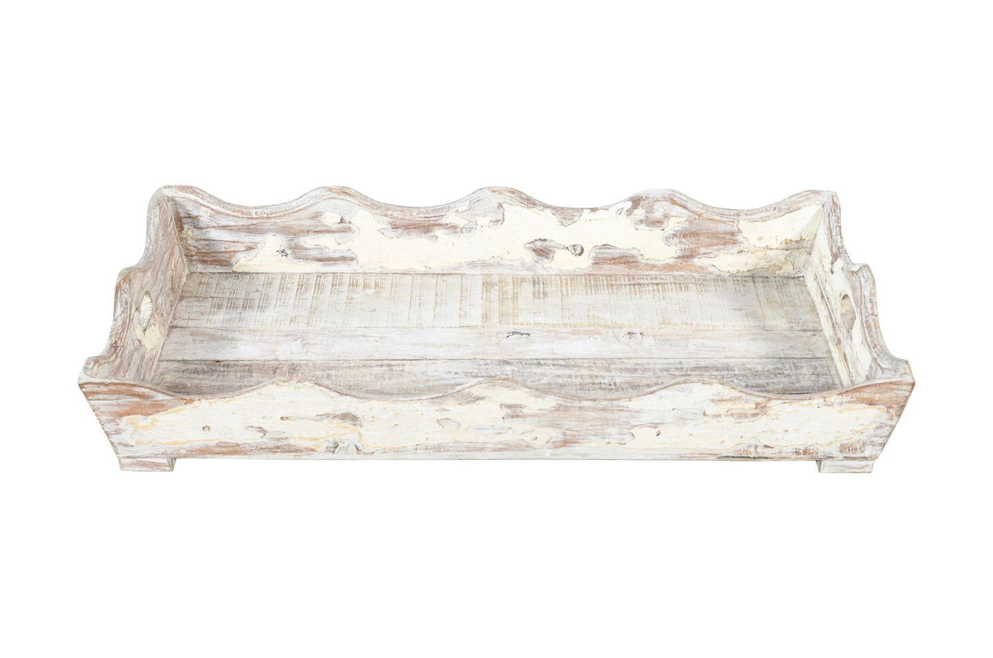 Antique Indian Large Teak Wood Serving Tray With Lime Wash Finish