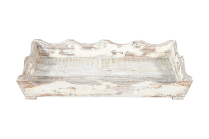 Antique Indian Large Teak Wood Serving Tray With Lime Wash Finish