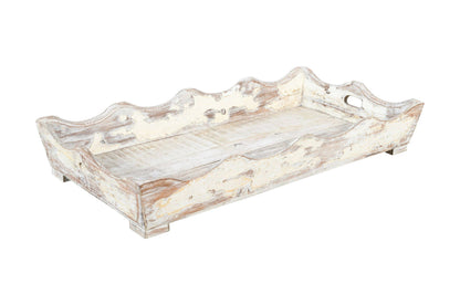 Antique Indian Large Teak Wood Serving Tray With Lime Wash Finish