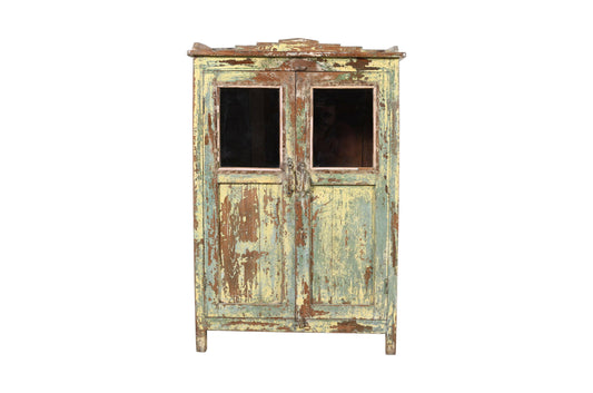 Antique Indian Painted Teak Wood Glass Almirah Display Kitchen Or Bathroom Cabinet