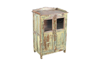 Antique Indian Painted Teak Wood Glass Almirah Display Kitchen Or Bathroom Cabinet