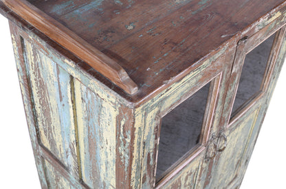 Antique Indian Painted Teak Wood Glass Almirah Display Kitchen Or Bathroom Cabinet