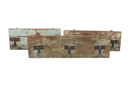 Vintage Indian Reclaimed Teak Wood Wall Mounted Coat Hook Panel