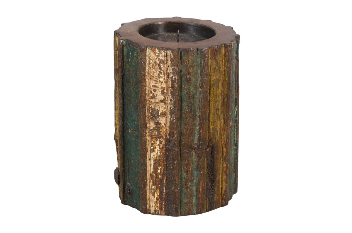 Antique Indian Reclaimed Painted Teak Wood Column Pillar Candle Holder